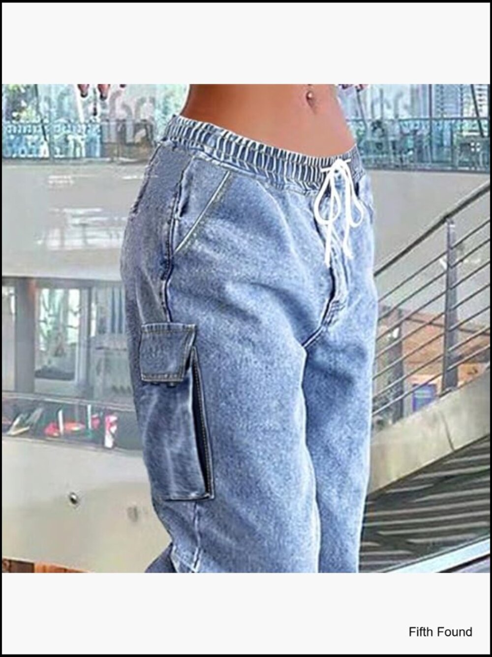 Mid Rise Cargo Jeans Elastic Waist Stretch Wide Leg Denim Pants with Pockets - Picture 4 of 7